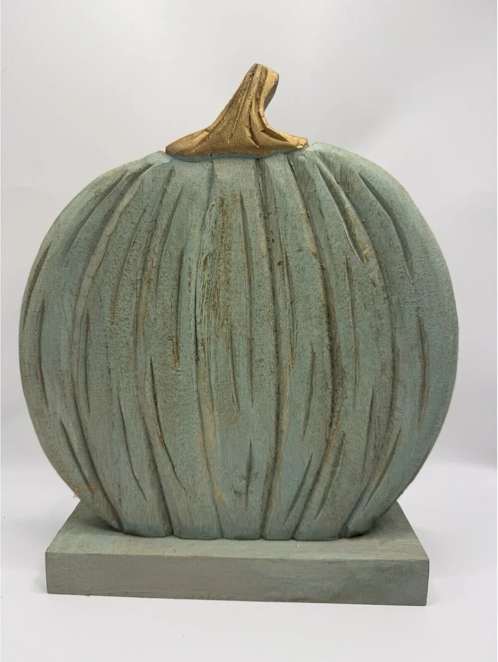 Solid Wood 13” Teal Pumpkin Fall On Stand Decor